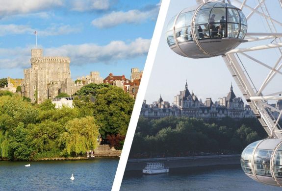 Split photo of windsor castle and the london eye