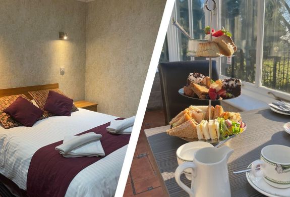 Split photo of a hotel room with double bed and afternoon tea in conservtory