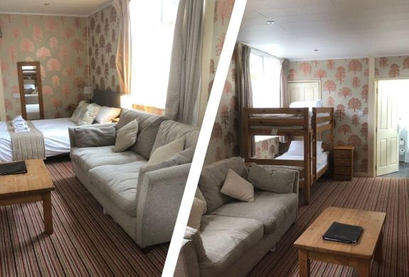 Split photo of a hotel room with double bed and sofa and bunk beds