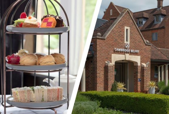 Split photo of an afternoon tea cake stand and entrance to the cambridge belfry hotel
