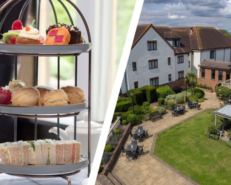 Split photo of an afternoon tea cake stand and the gardens of the oxford belfry hotel
