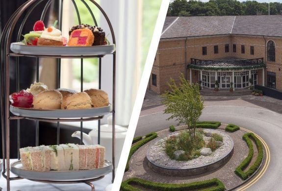 Split photo of an afternoon tea cake stand and the entrance of belton woods hotel in grantham