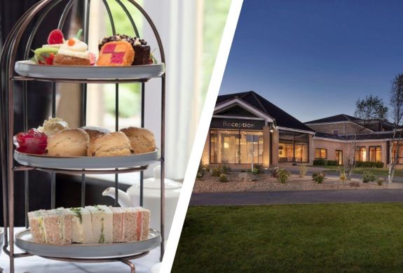 Split photo of an afternoon tea and the entrance of westerwood hotel in glasgow