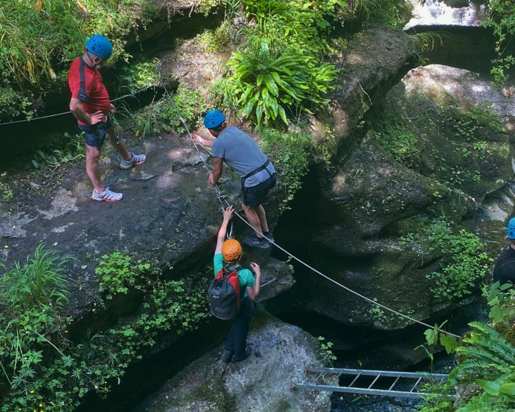 people making their way over a rope bridge in a gorge