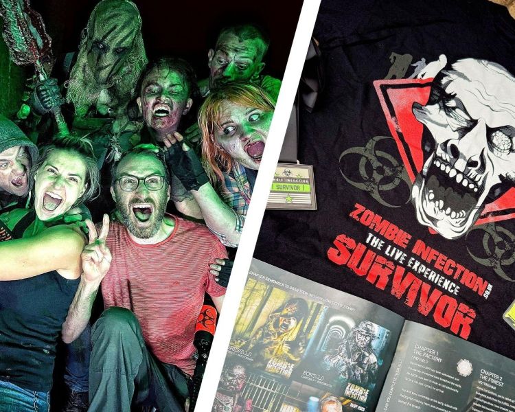 Split photo of a zombie experience and souvenir merchandise gift set