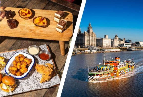 Split photo of an afternoon tea at revolution bars and a liverpool mersey ferries cruise