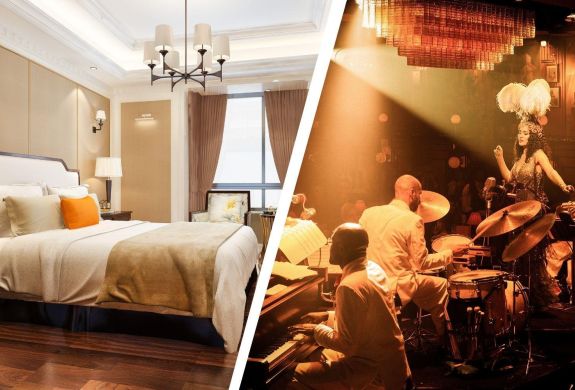 Split Photo Showing a London City Break With 58th Street 1930s Jazz Experience Six Course Meal For 2