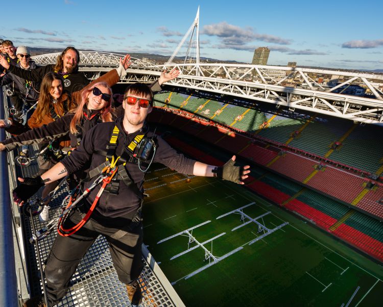 group at the top of the principality stadium on the zip world stadium walk in cardiff