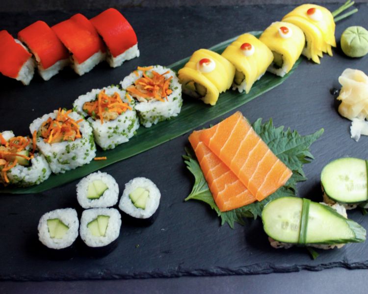 a colourful sushi platter at inamo london