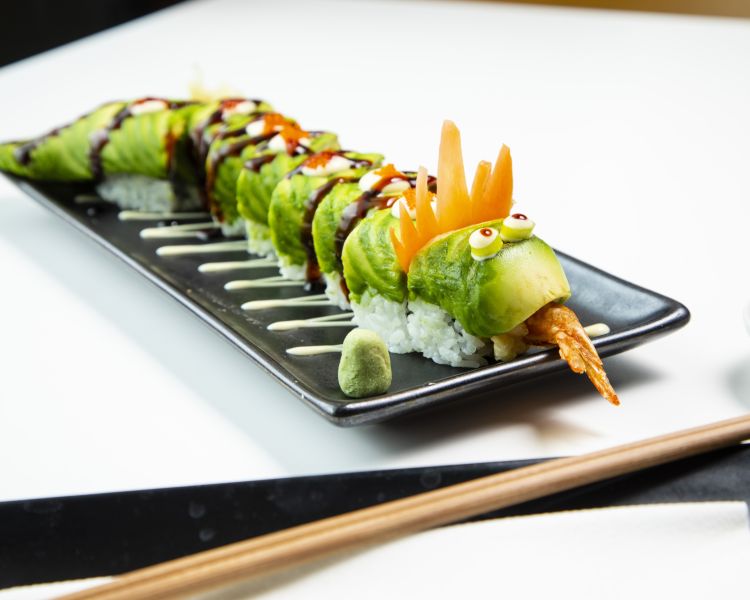 a sushi dragon roll at inamo london for an unlimited sushi dining experience
