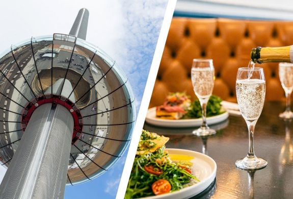 Split photo of the brighton i360 pod and bottomless brunch at doubletree by hilton metropole