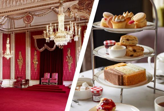 Split photo of the throne room at buckingham palace and afternoon tea at clermont charing cross