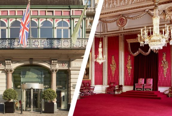 Split photo of the throne room at buckingham palace and the front of clermont charing cross