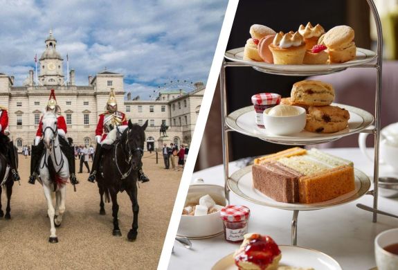 Split photo of the royal household cavalry and afternoon tea at the clermont charing cross hotel