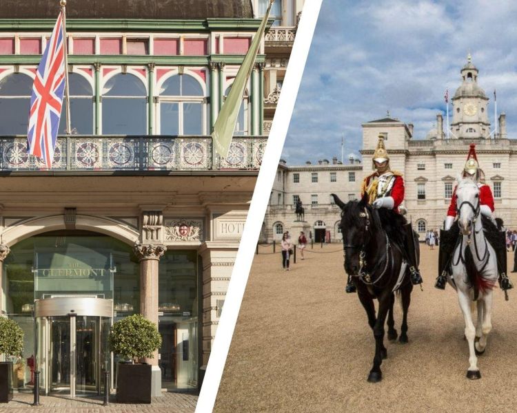 Split photo of the royal household cavalry and the front of clermont charing cross