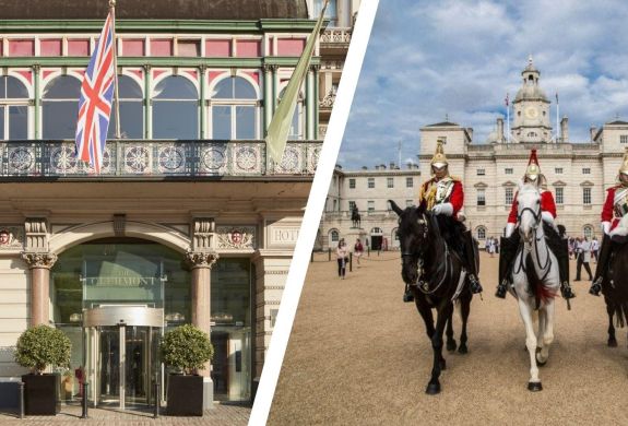 Split photo of the royal household cavalry and the front of clermont charing cross