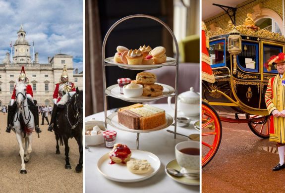 Split photo showing the royal household cavalry royal mews and afternoon tea at clermont charing cross hotel