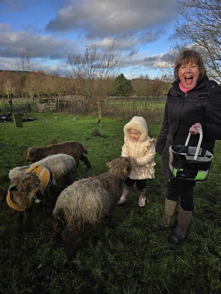 young girl with her mum meeting sheep on a west yorkshire farm