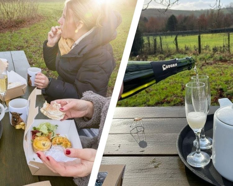 Split photo of ladies eating an afternoon tea and prosecco being poured on farm