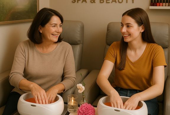 Mother and daughter having manicure at spa together