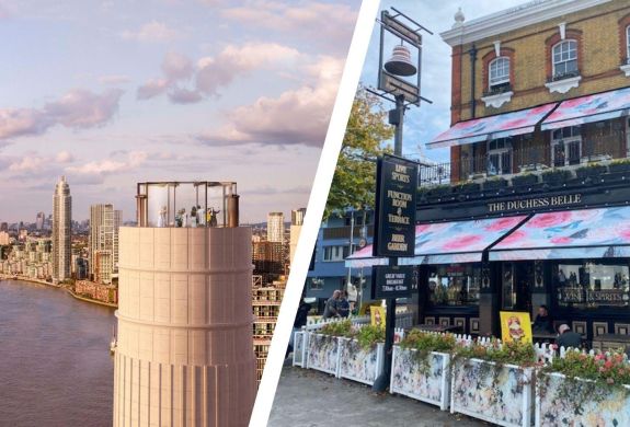 Split photo of the top of the chimney lift and the duchess belle pub in london