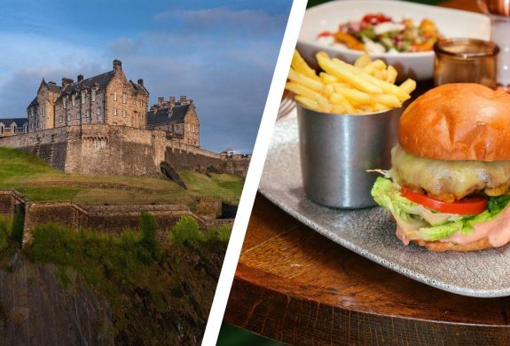Split photo of edinburgh castle and a steak burger at rabble restaurant