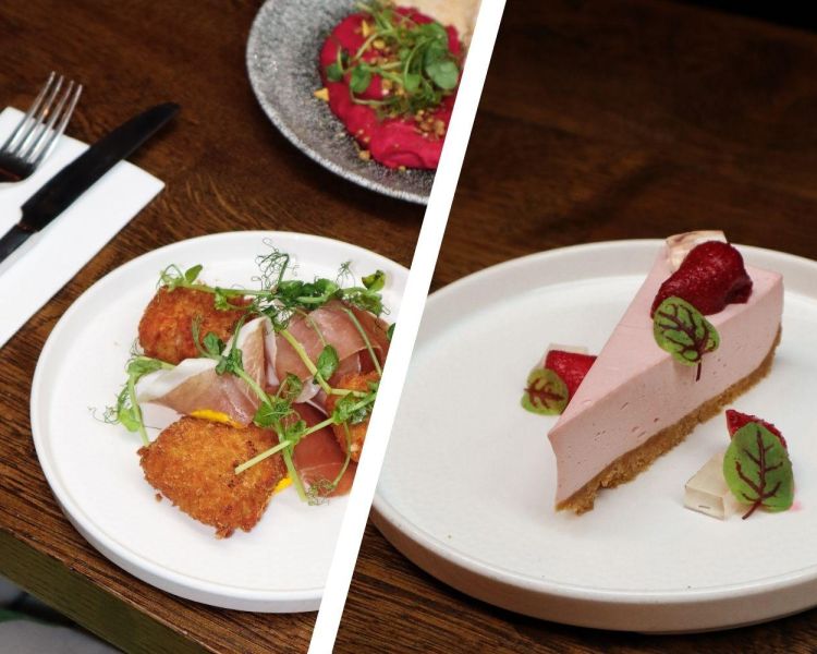 Split photo of serano ham croquetas and cheesecake at rabble restaurant in edinburgh