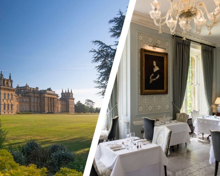 Split photo of blenheim palace and dining room at weston manor hotel