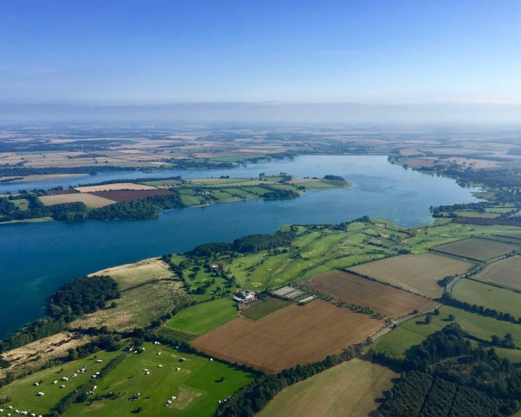 rutland water seen from the sky on a helicopter ride