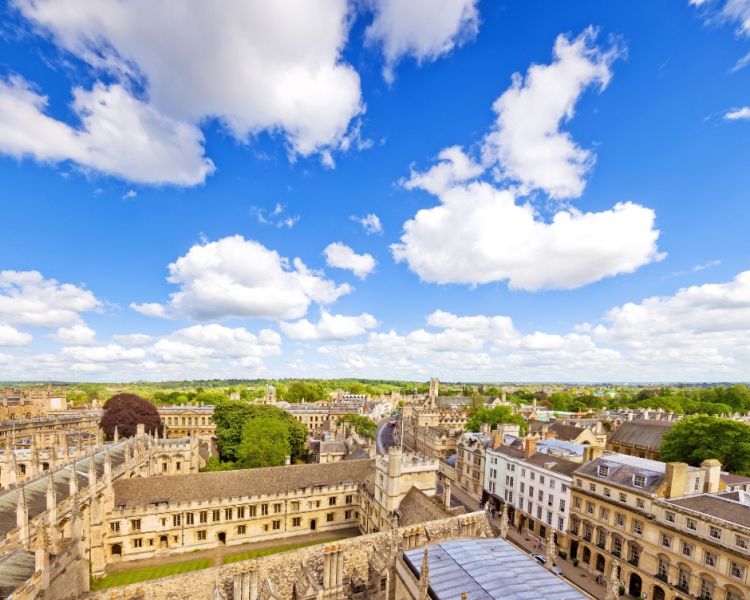 the oxford city skyline seen from a helicopter ride
