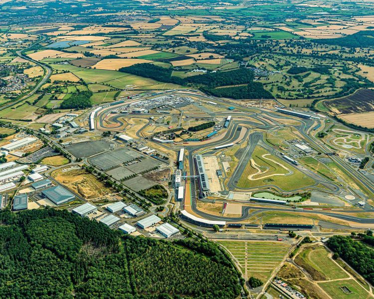 the silverstone race circuit in oxfordshire seen from above on a helicopter ride