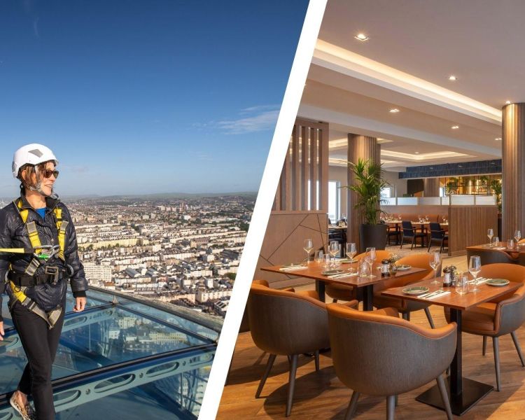 Split photo of people on i360 sky walk and the restaurant at maldron hotel in brighton