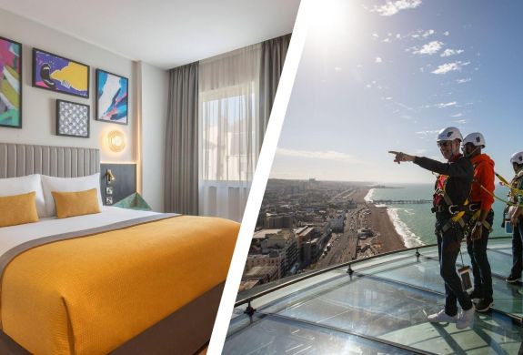 Split photo of people on i360 sky walk and double room at maldron hotel in brighton