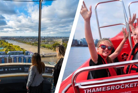 Split photo of people looking at views from chimney lift and on thames rockets speedboat ride