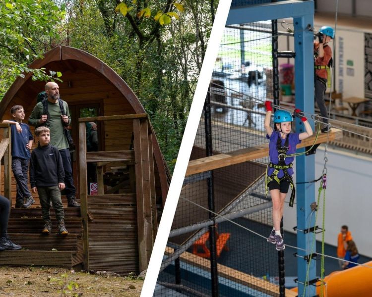 Split photo of family outside wooden pod and child on indoor high ropes course