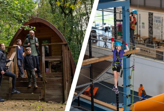 Split photo of family outside wooden pod and child on indoor high ropes course