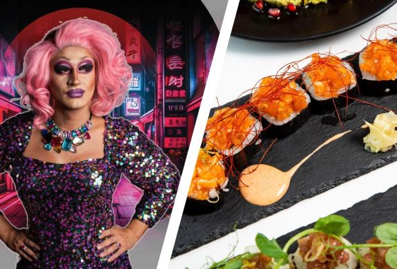 Split photo of drag queen and plates of sushi for a drag night at inamo london