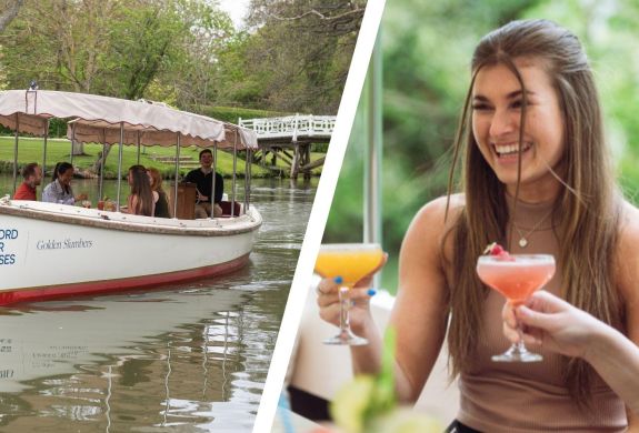 Split photo of oxford river boat and ladies with spritzer cocktails