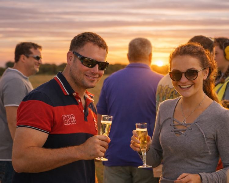 Couple with champagne on airfield at sunset