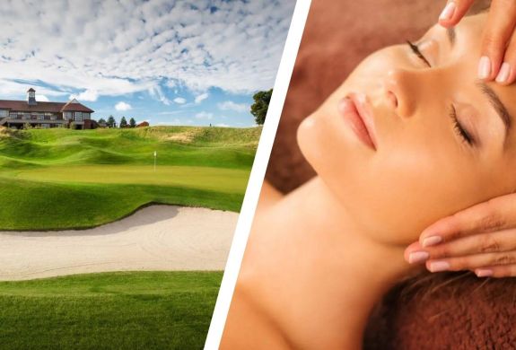 Split photo of golf course and spa treatment at the oxfordshire hotel