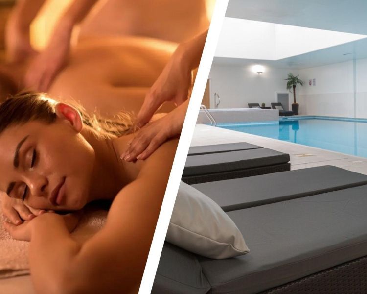 Split photo of couples spa treatment and swimming pool at the oxfordshire hotel