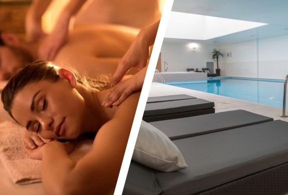 Split photo of couples spa treatment and swimming pool at the oxfordshire hotel