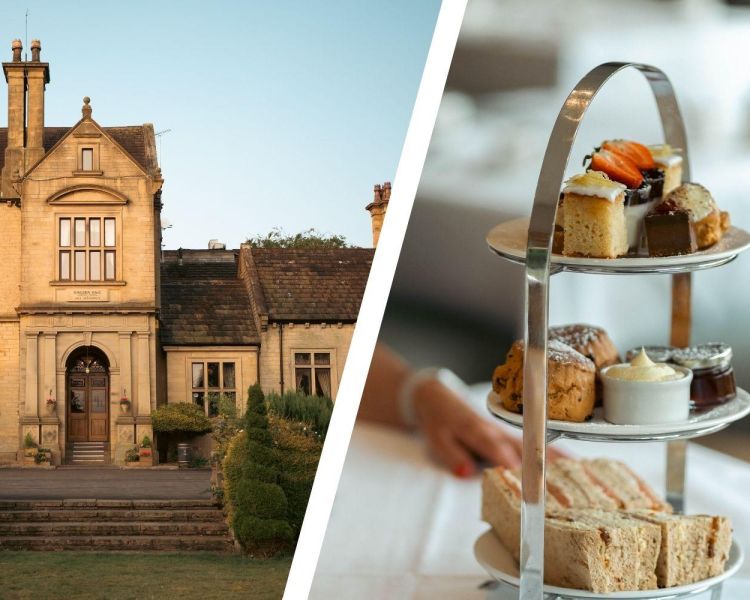 Split photo of front of bagden hall and an afternoon tea