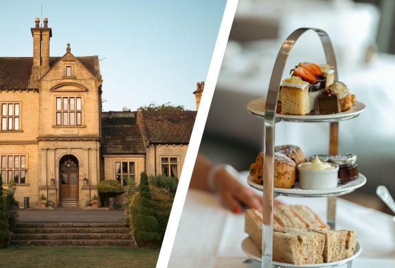 Split photo of front of bagden hall and an afternoon tea