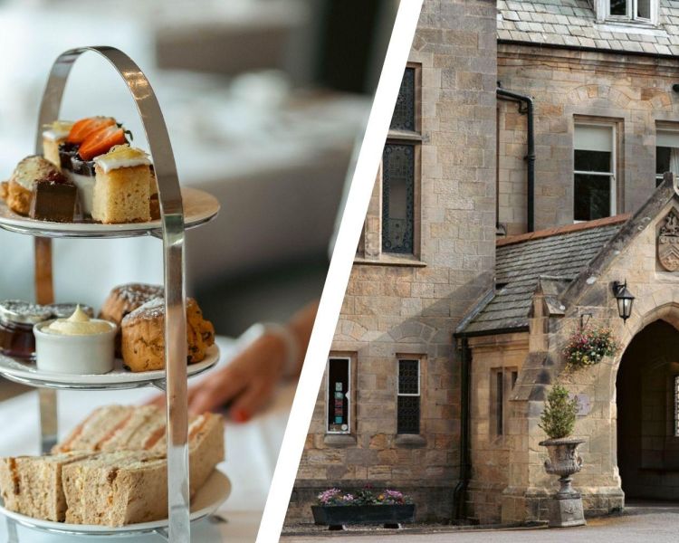 Split photo of front of grinkle park hotel and an afternoon tea