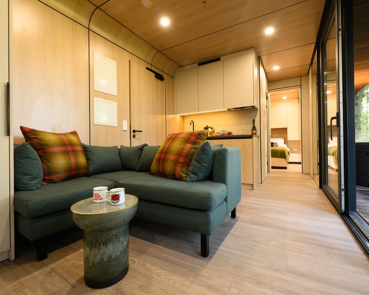 Living area and kitchenette in forest lodge