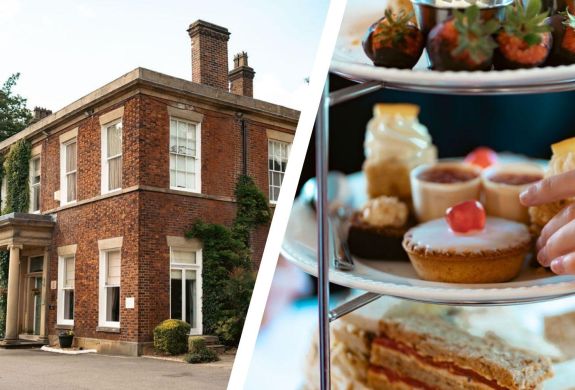 Split photo of front of farington lodge hotel and an afternoon tea