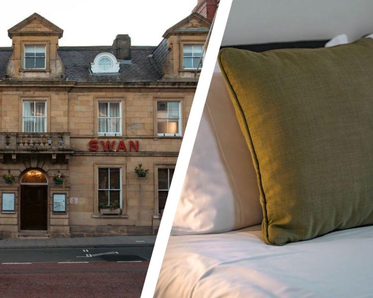 Split photo of front of the white swan hotel and bedroom