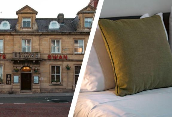Split photo of front of the white swan hotel and bedroom