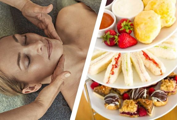 Split photo of woman having facial treatment and an afternoon tea at the oxfordshire hotel